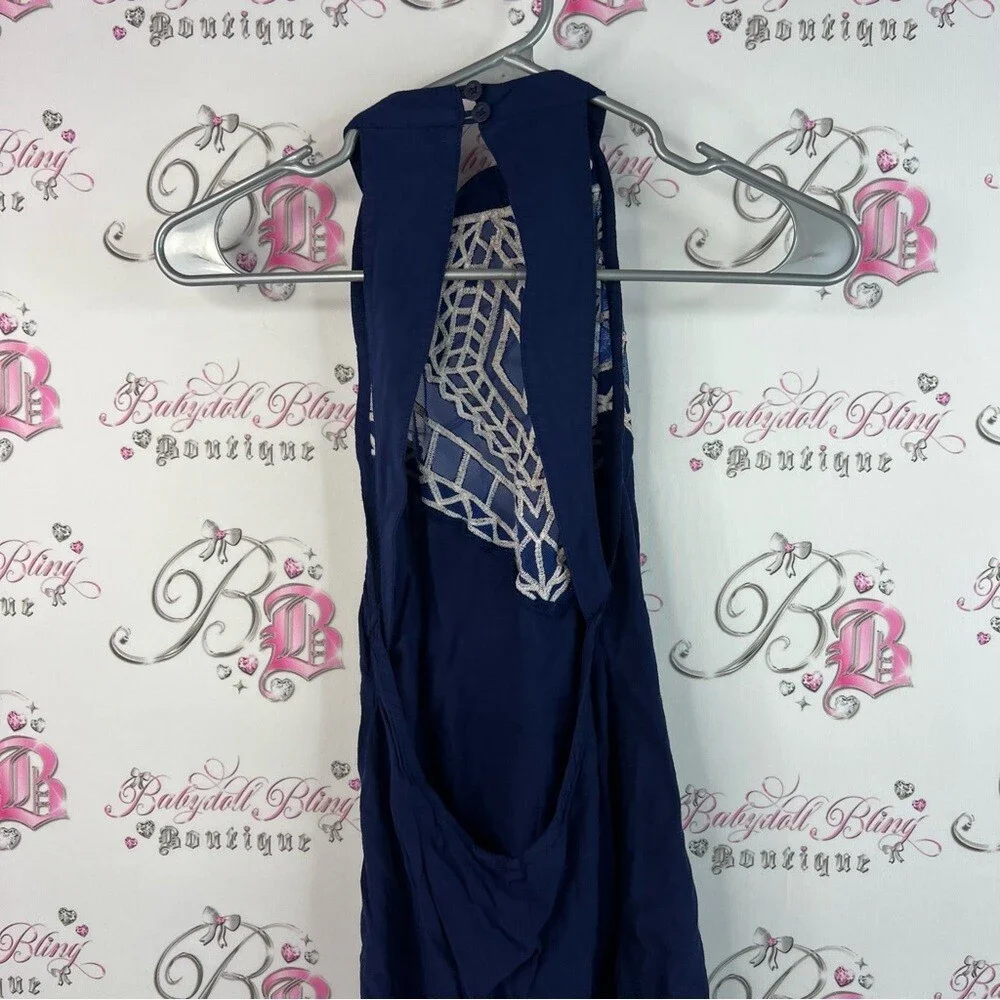 Free People tallow dress mock neck open back Navy and Beige Backless Dress